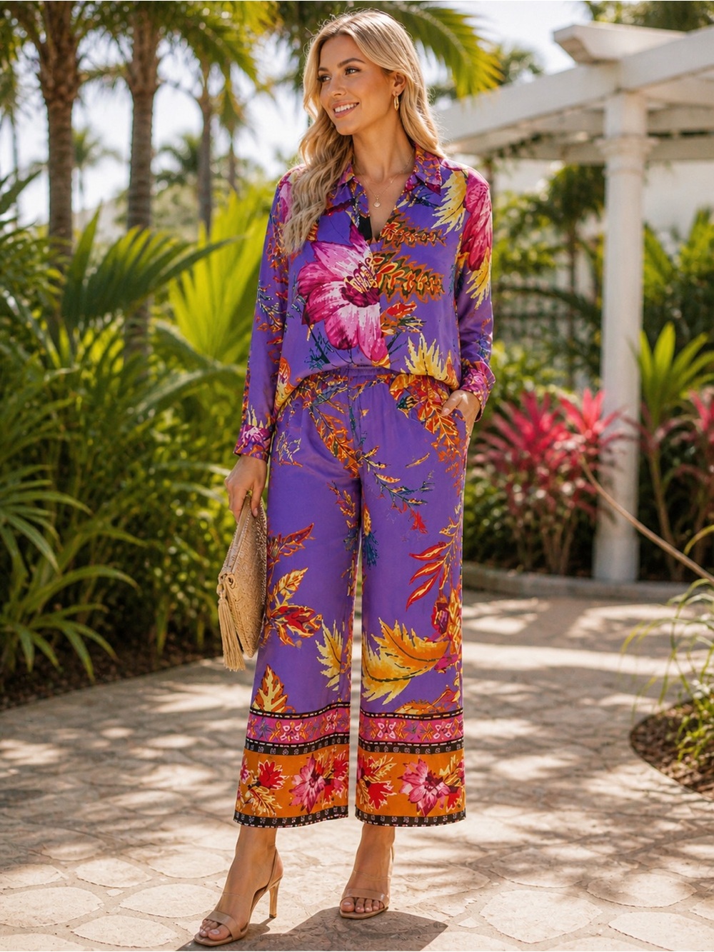 Rachel Roy Floral 2 Piece Set Bold Print Blouse & Wide Leg Pants Resort Chic